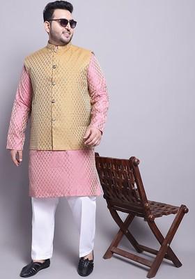 Pink Solid Silk Kurta Set For Men