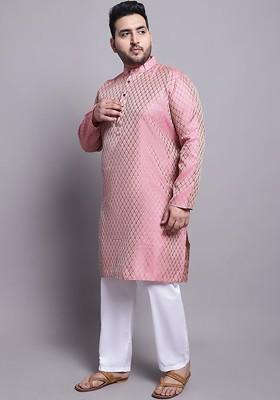 Pink Solid Silk Kurta Set For Men