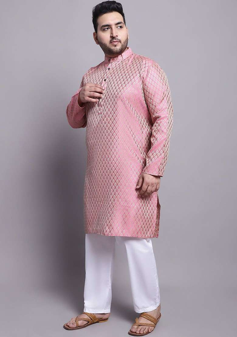 Pink Solid Silk Blend Kurta Set For Men - Indya