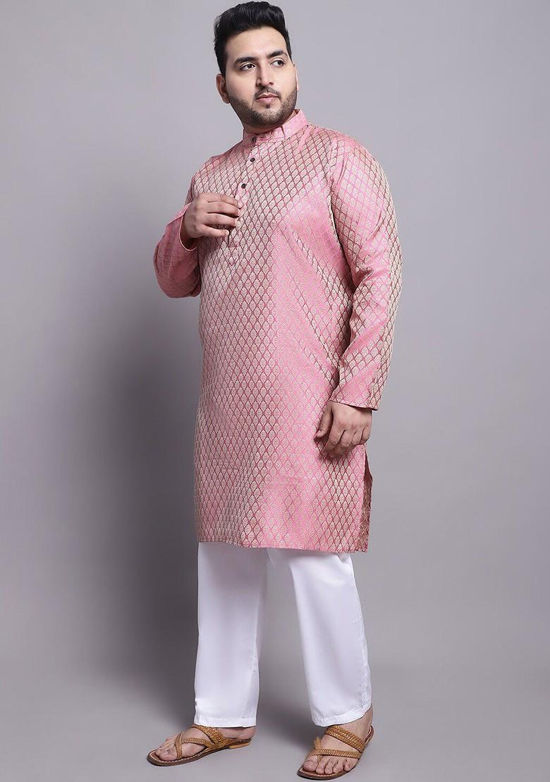 Pink Solid Silk Kurta Set For Men