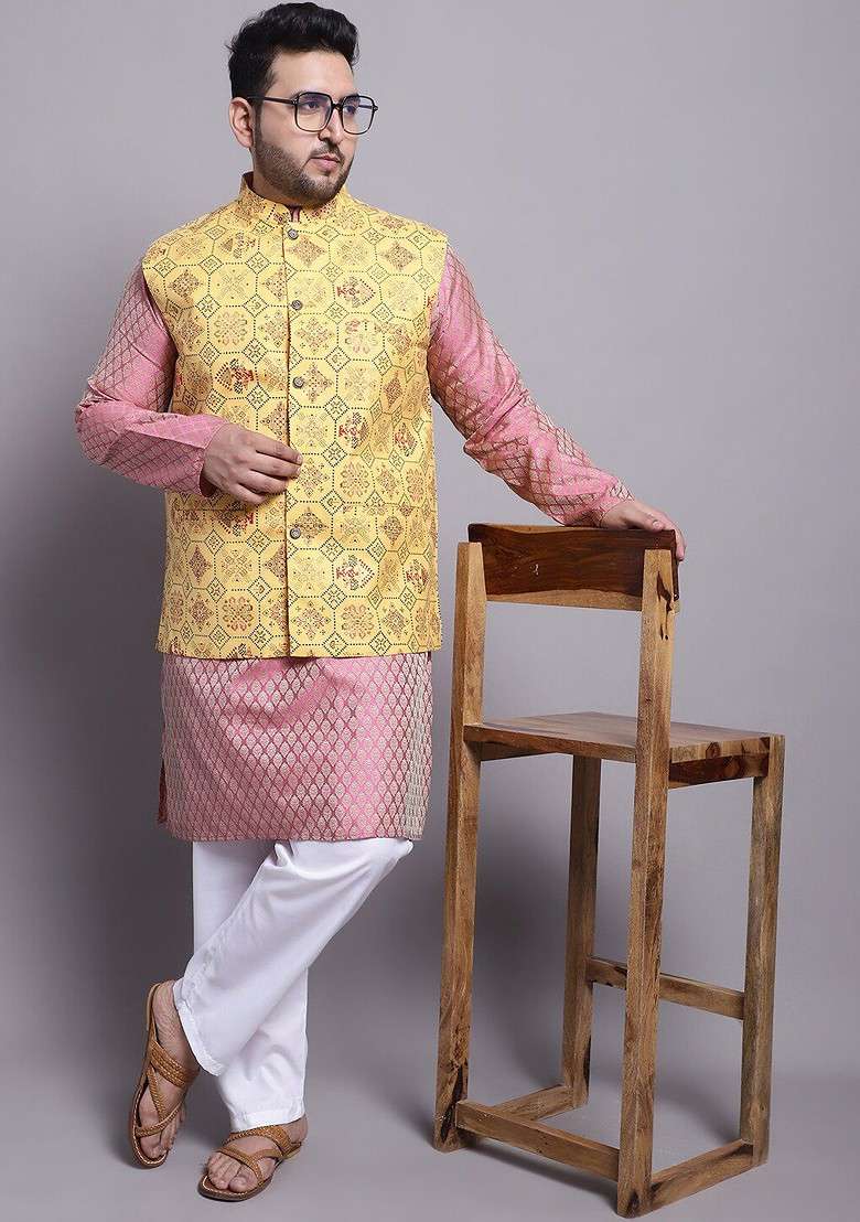 Pink Solid Silk Blend Kurta Set For Men - Indya