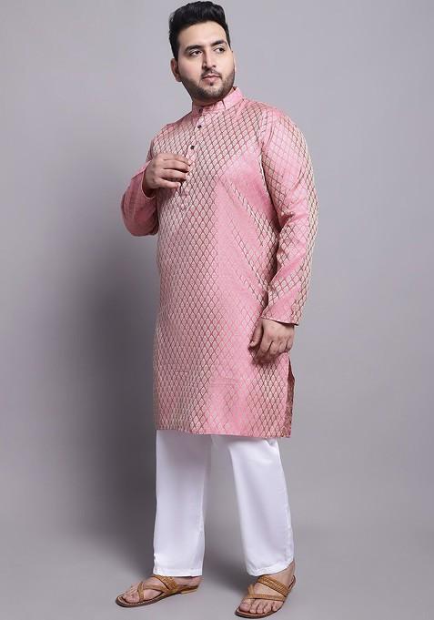 Pink Solid Silk Kurta Set For Men