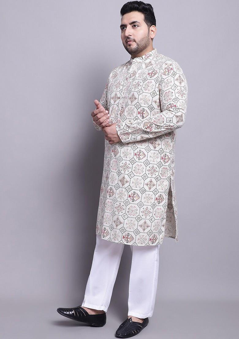 Cream Ethnic Motifs Poly Blend Kurta Set For Men
