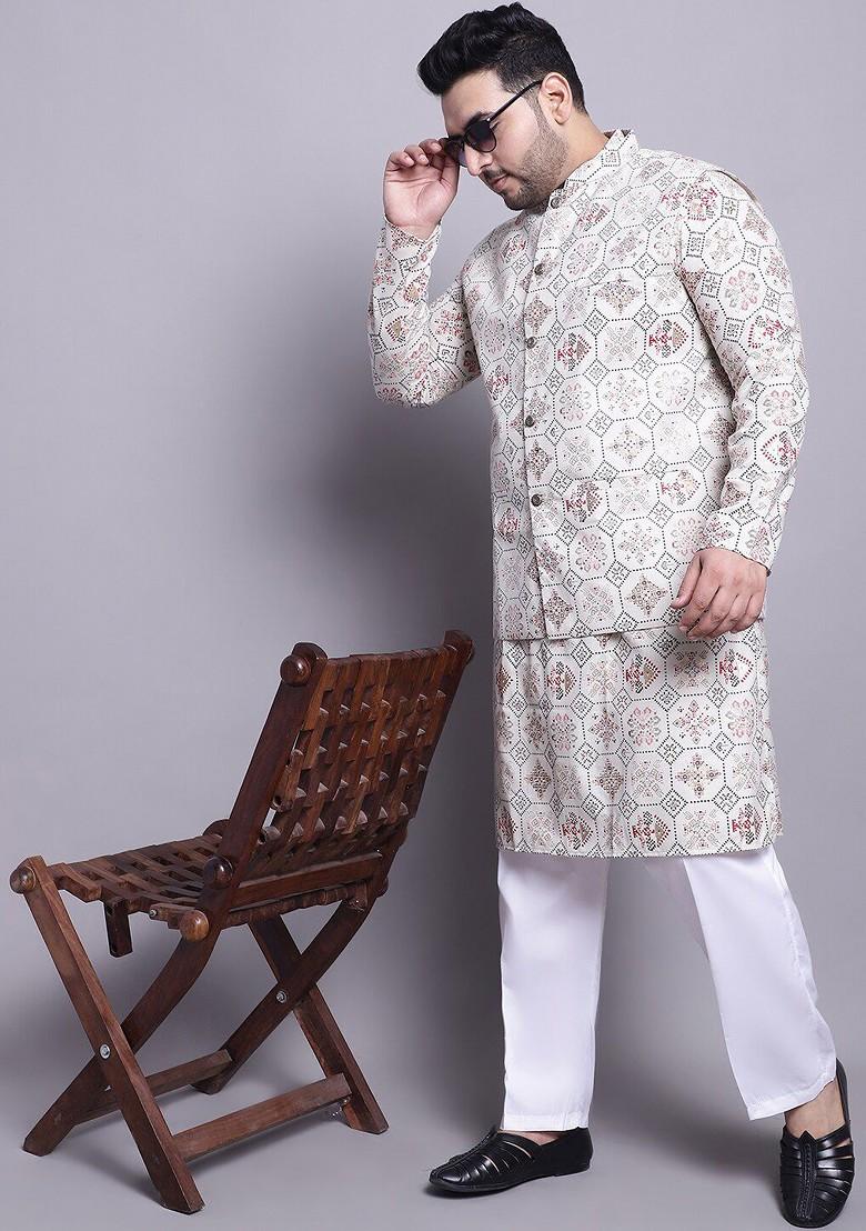 Cream Ethnic Motifs Poly Blend Kurta Set For Men