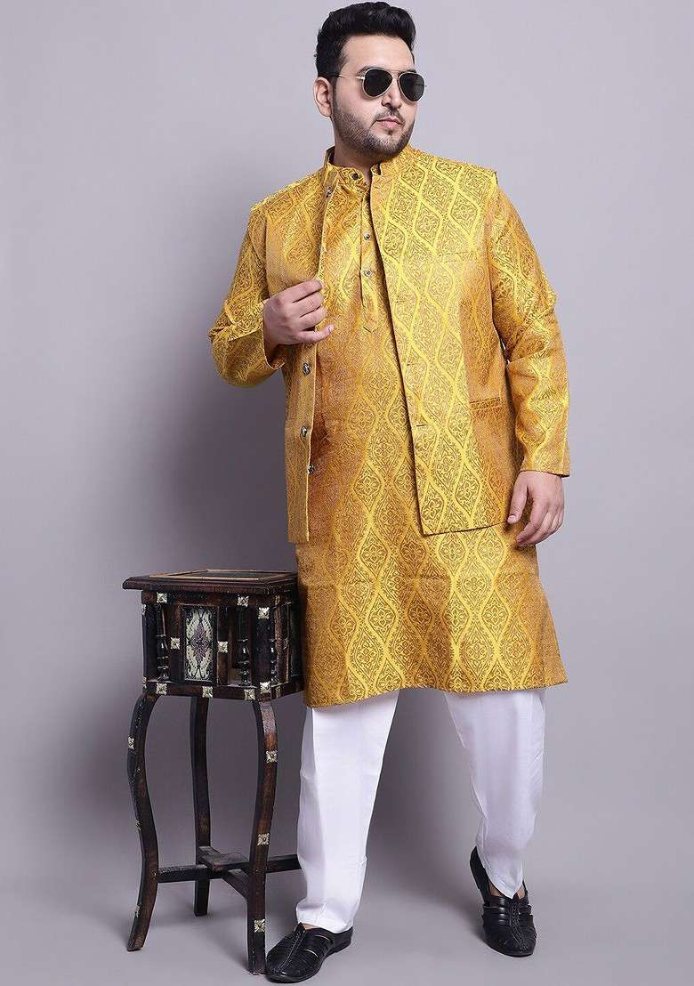 Mustard Ethnic Motifs Cotton Kurta Set For Men - Indya