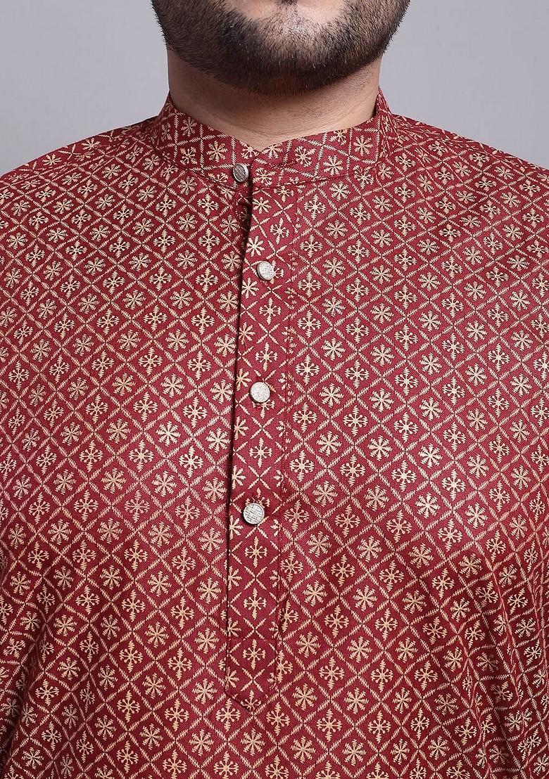 Maroon Printed Cotton Kurta Set For Men