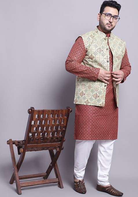 Maroon Printed Cotton Kurta Set For Men