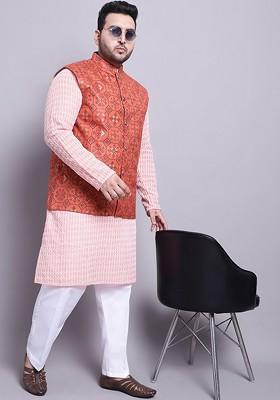 Peach Thread Work Cotton Kurta Set For Men