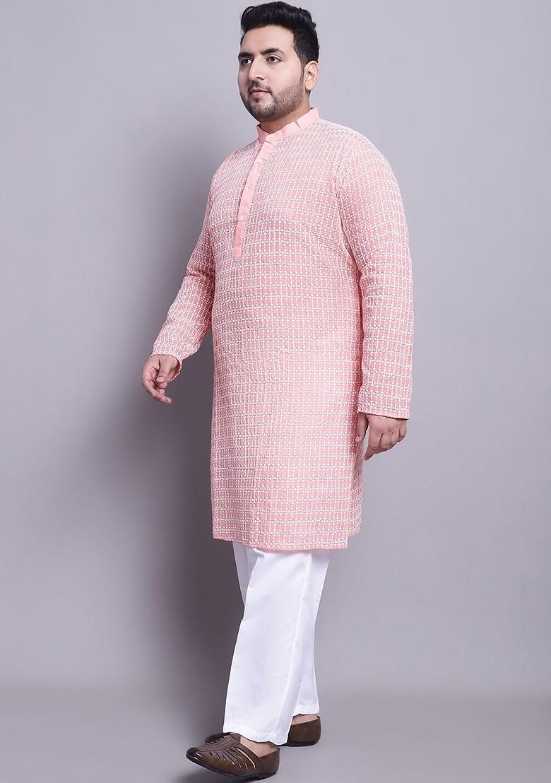 Peach Thread Work Cotton Kurta Set For Men