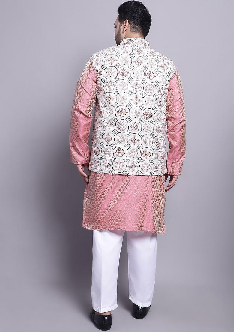Pink Woven Poly Blend Kurta Set For Men