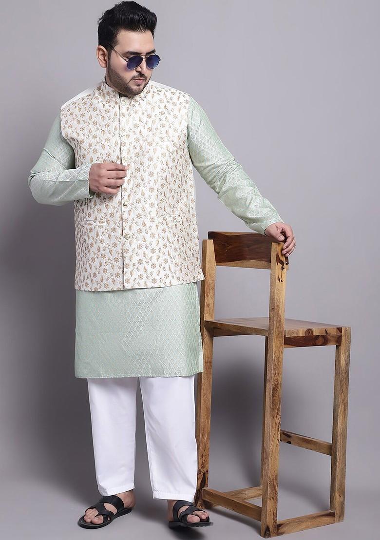 Green Ethnic Motifs Poly Blend Kurta Set For Men