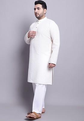 Cream Ethnic Motifs Poly Blend Kurta Set For Men