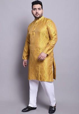 Mustard Ethnic Motifs Poly Blend Kurta Set For Men
