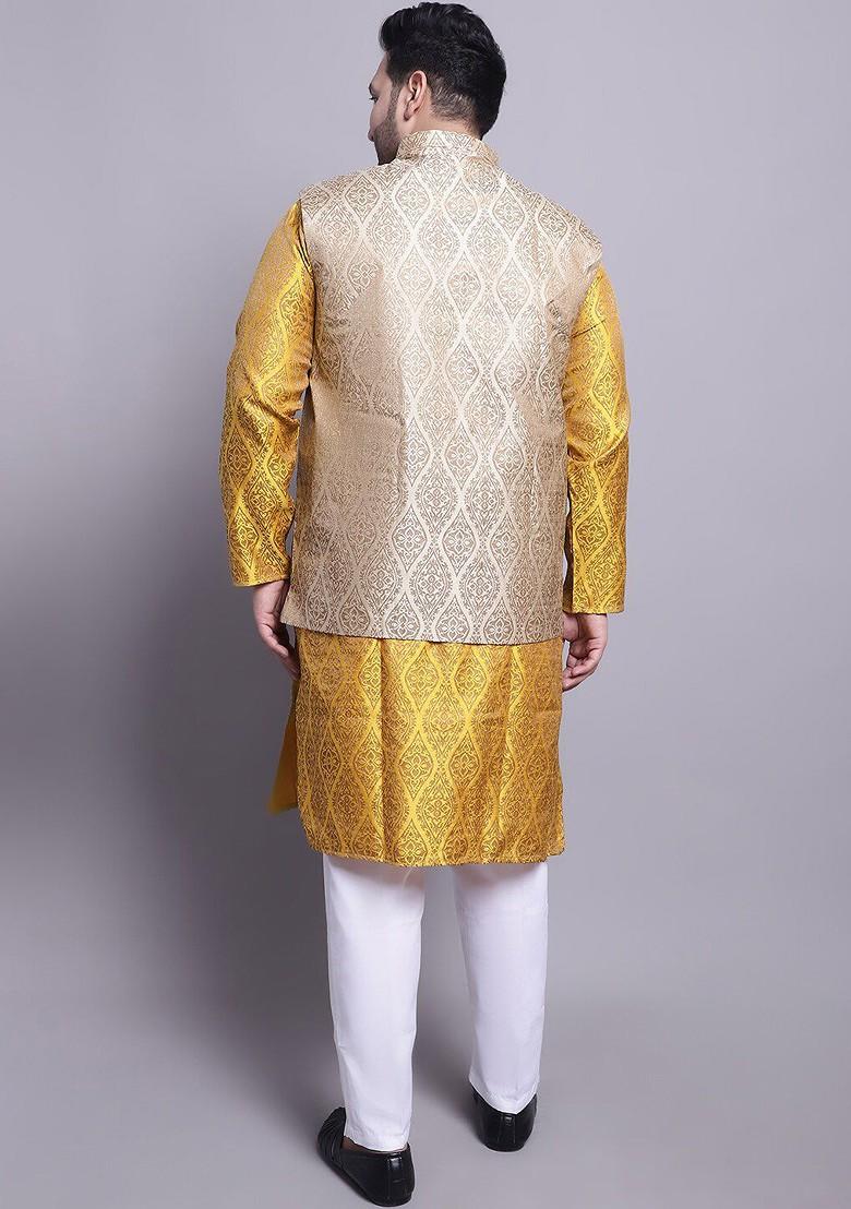 Mustard Ethnic Motifs Poly Blend Kurta Set For Men