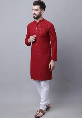 Maroon Thread Work Cotton Kurta Set For Men