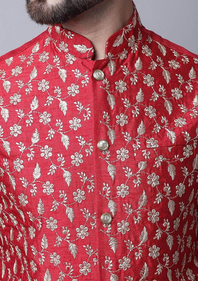 Maroon Thread Work Cotton Kurta Set For Men