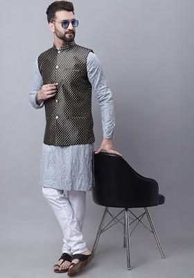 Grey Embroidered Poly Blend Kurta Set For Men