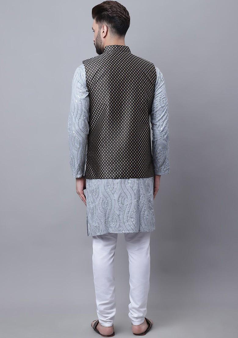 Grey Embroidered Poly Blend Kurta Set For Men