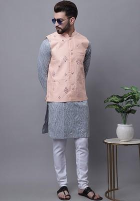 Grey Embroidered Cotton Kurta Set For Men
