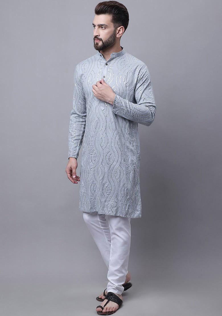 Grey Embroidered Cotton Kurta Set For Men