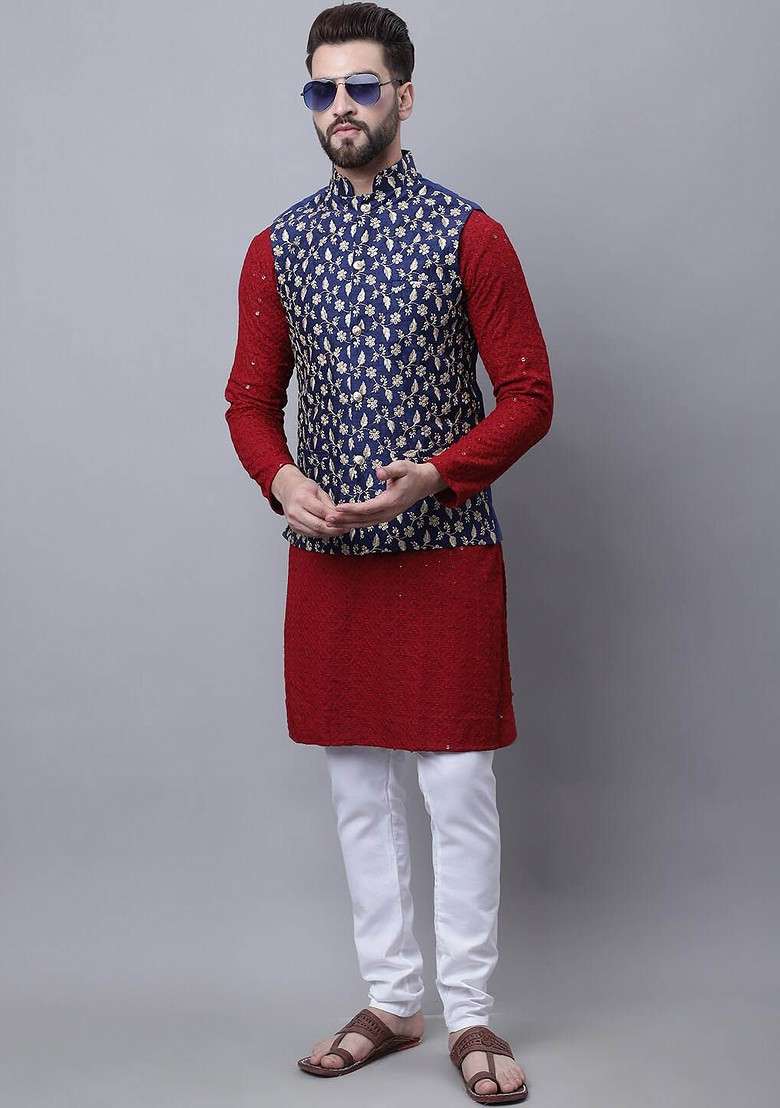 Maroon Embroidered Cotton Kurta Set For Men - Indya