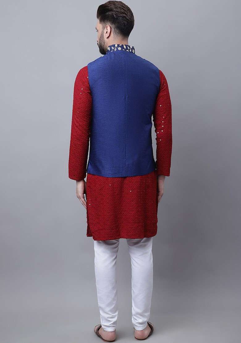 Maroon Embroidered Cotton Kurta Set For Men - Indya