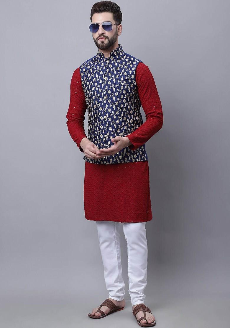 Maroon Embroidered Cotton Kurta Set For Men