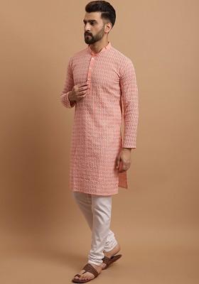 Peach Embroidered Cotton Kurta Set For Men