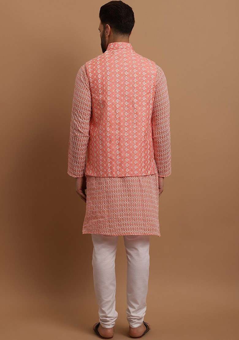 Peach Embroidered Cotton Kurta Set For Men - Indya