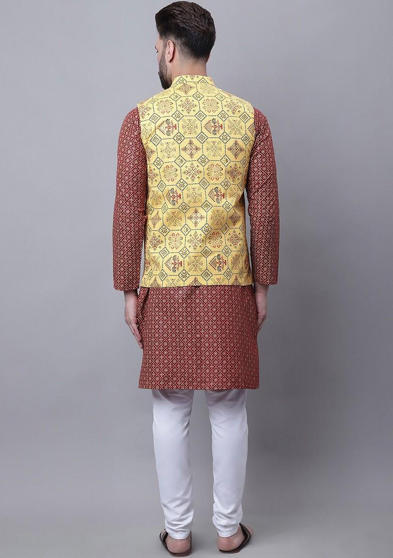 Maroon Ethnic Motifs Poly Blend Kurta Set For Men