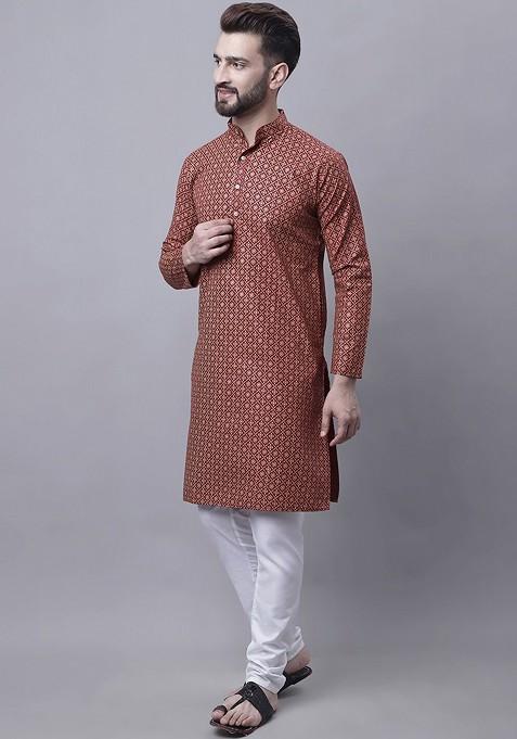 Maroon Ethnic Motifs Poly Blend Kurta Set For Men