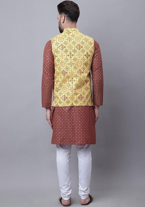 Maroon Ethnic Motifs Poly Blend Kurta Set For Men
