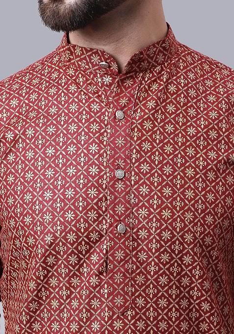 Maroon Ethnic Motifs Poly Blend Kurta Set For Men
