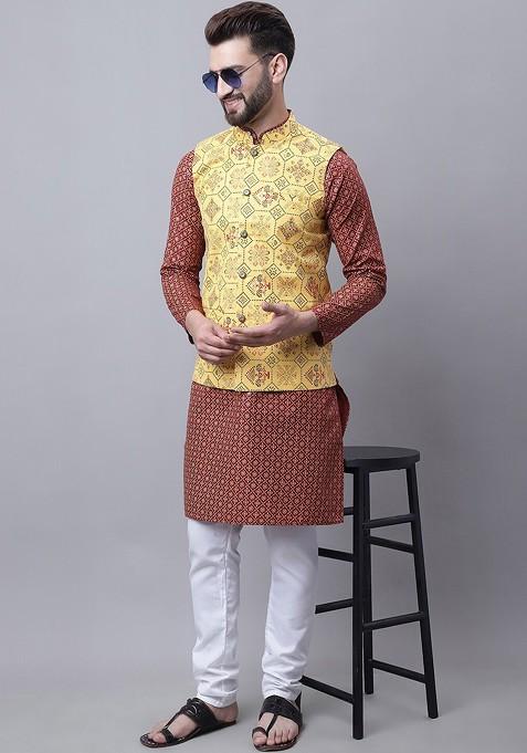 Maroon Ethnic Motifs Poly Blend Kurta Set For Men