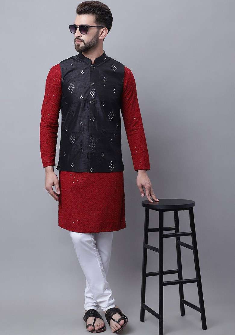 Maroon Embroidered Cotton Kurta Set For Men - Indya