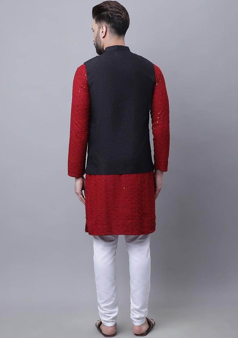 Maroon Embroidered Cotton Kurta Set For Men