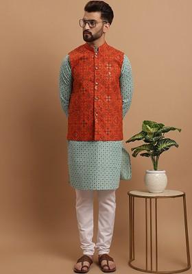 Sea Green Ethnic Motifs Poly Blend Kurta Set For Men