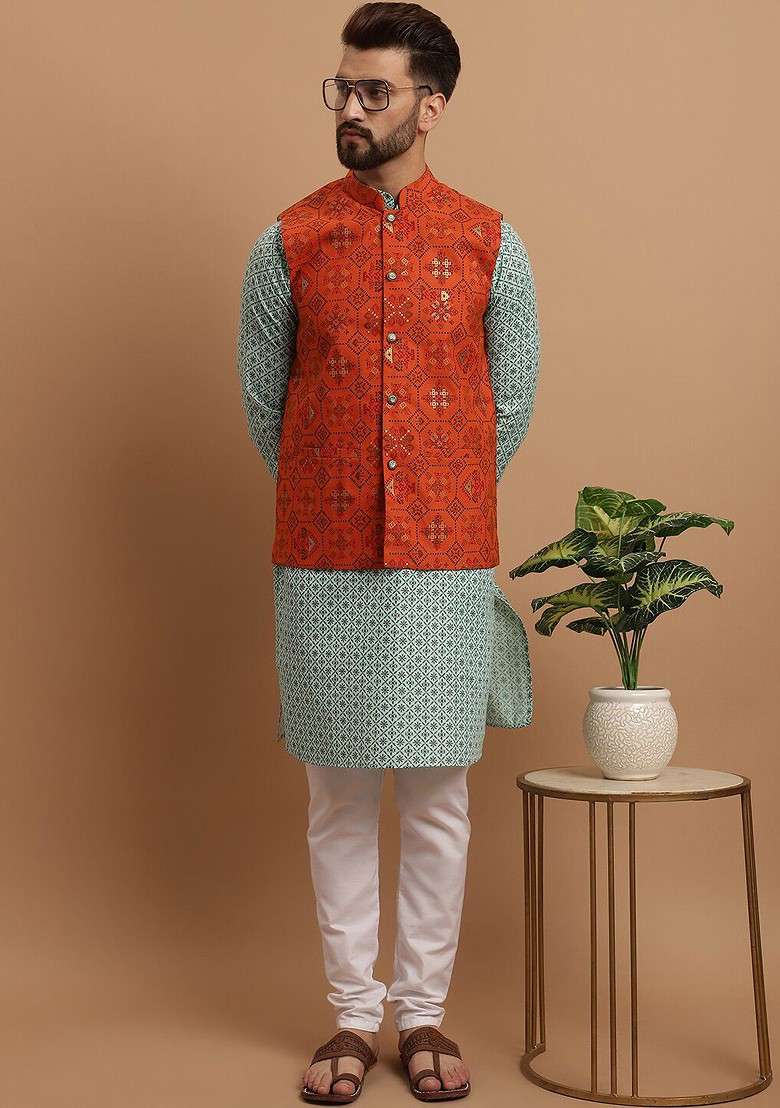 Sea Green Ethnic Motifs Poly Blend Kurta Set For Men - Indya