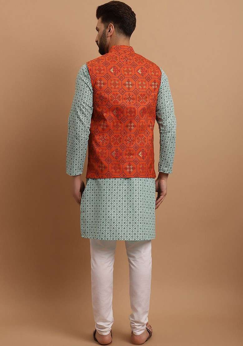 Sea Green Ethnic Motifs Poly Blend Kurta Set For Men - Indya
