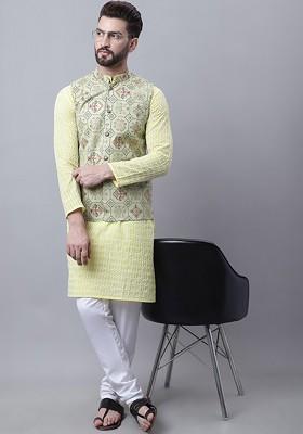 Yellow Embroidered Cotton Kurta Set For Men