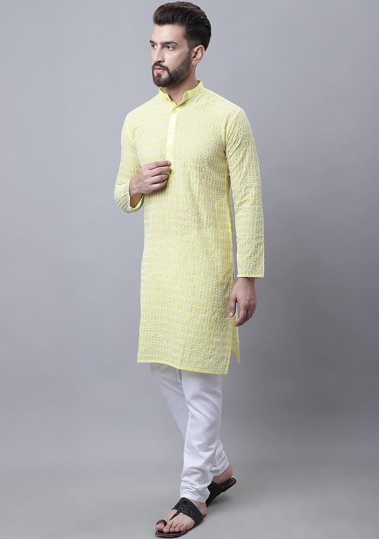 Yellow Embroidered Cotton Kurta Set For Men
