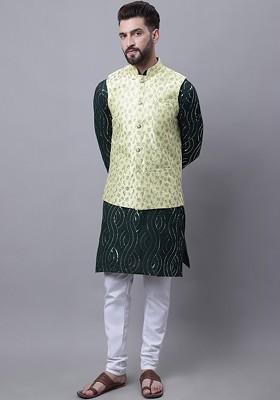 Green Embroidered Cotton Kurta Set For Men