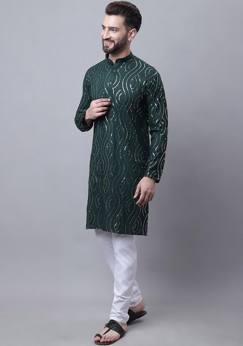 Green Embroidered Cotton Kurta Set For Men
