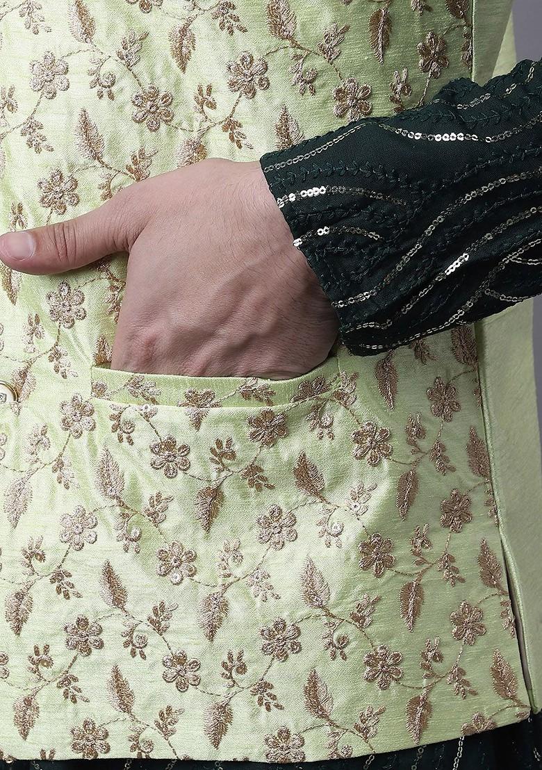 Green Embroidered Cotton Kurta Set For Men