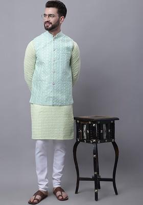 Green Embroidered Cotton Kurta Set For Men