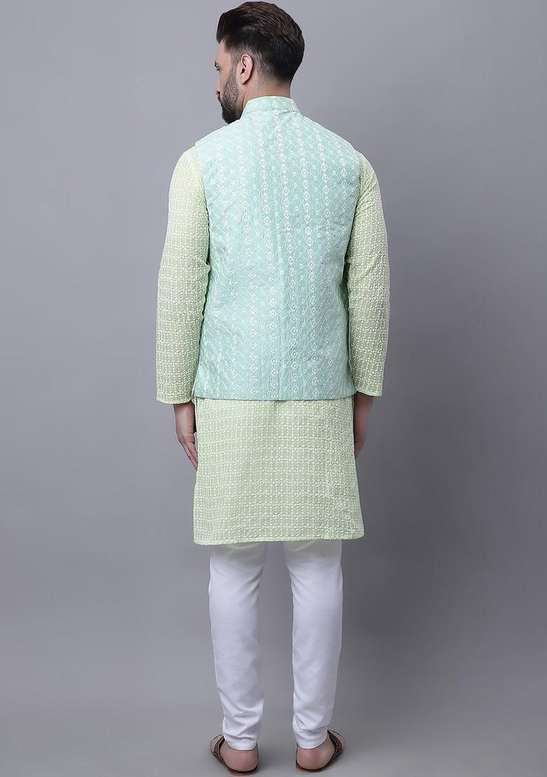Green Embroidered Cotton Kurta Set For Men