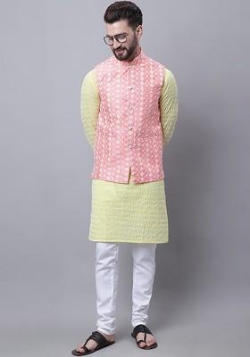 Yellow Embroidered Cotton Kurta Set For Men