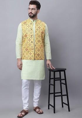 Green Embroidered Cotton Kurta Set For Men