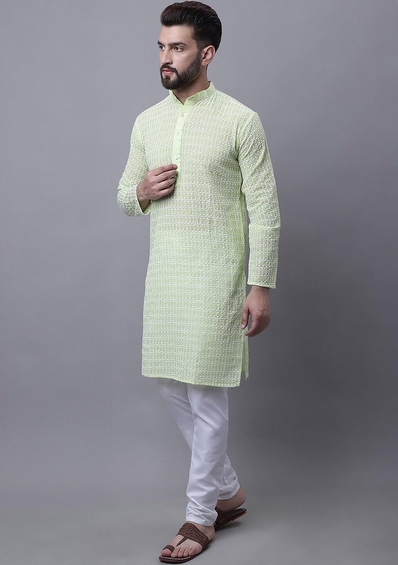Green Embroidered Cotton Kurta Set For Men