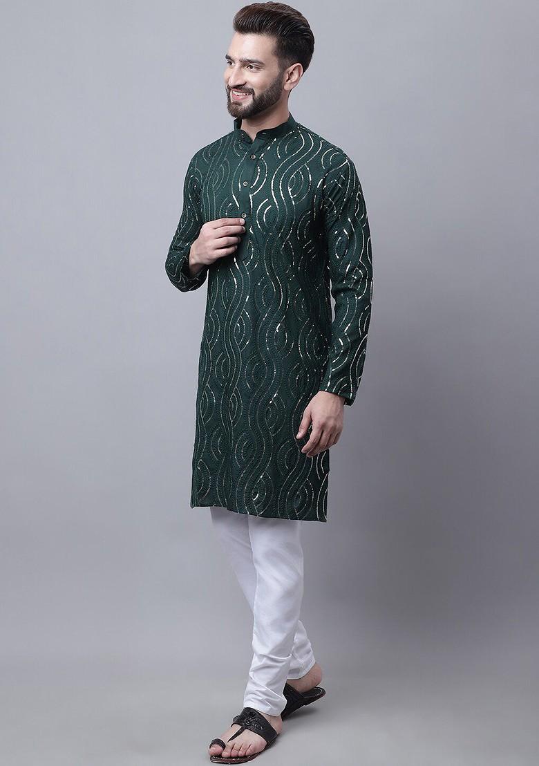 Green Embroidered Cotton Kurta Set For Men